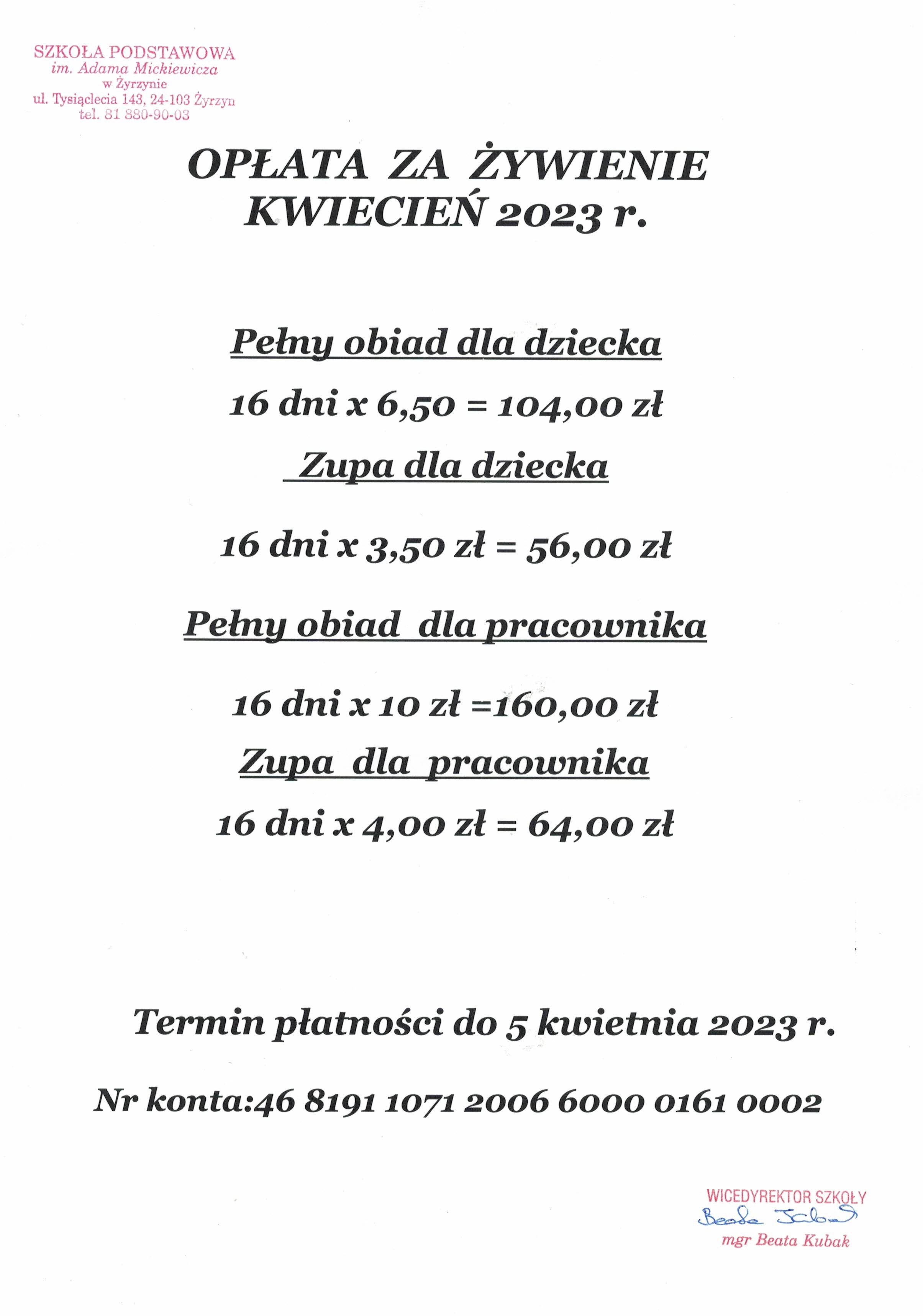 oplata za obiady za kwiecień