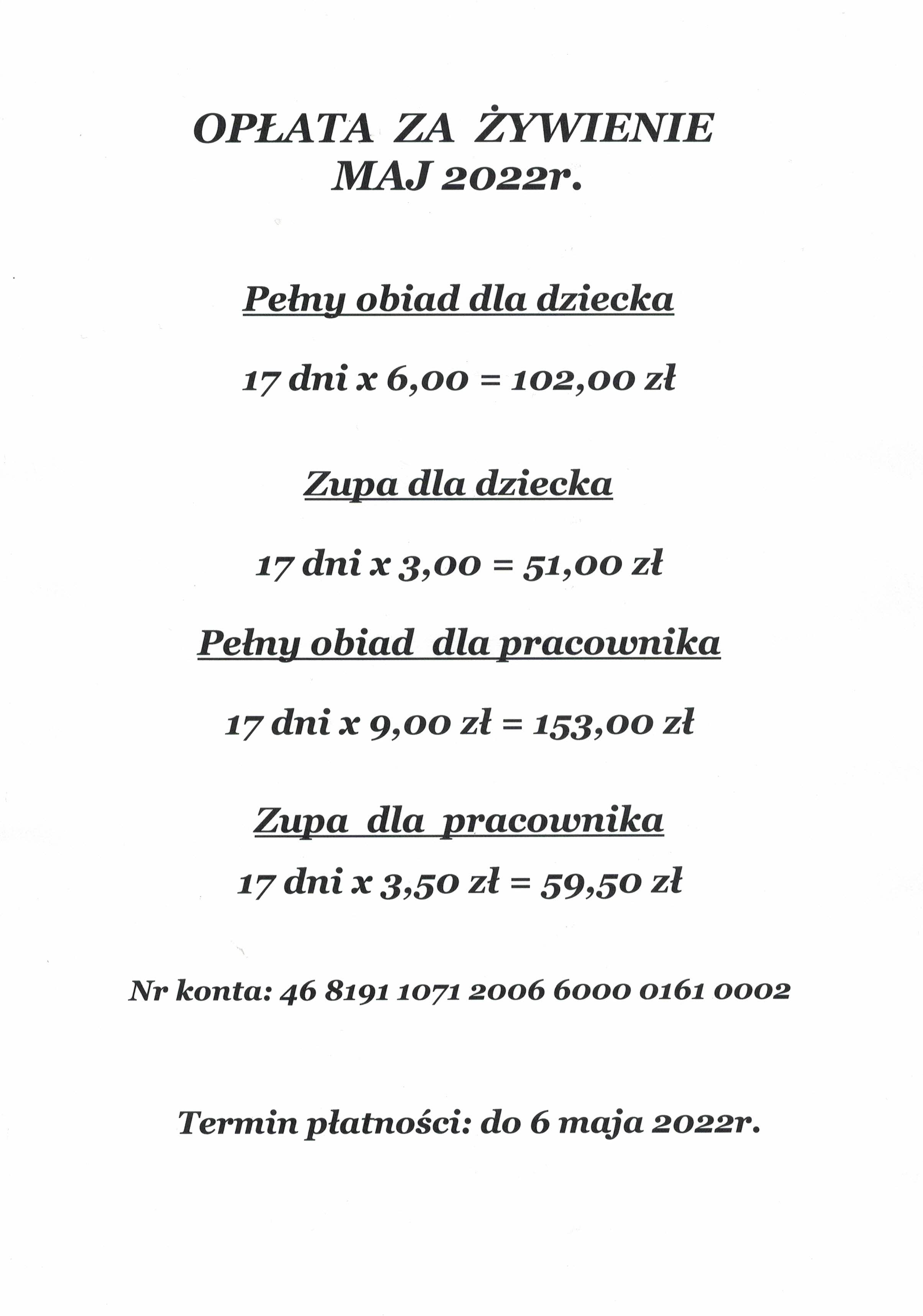 opłata za wyżywienie za miesiąc maj